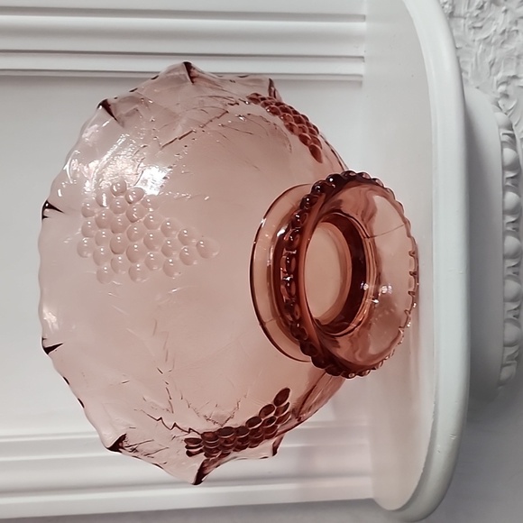 Vintage Rose Glass Bowl with Raised Grapes and Etched Leaves, Depression, Pink - Picture 3 of 5